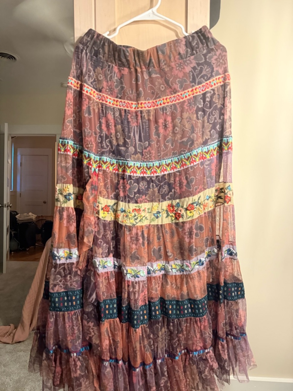 Johnny Was Mauve and Navy Floral Tiered Maxi Skirt